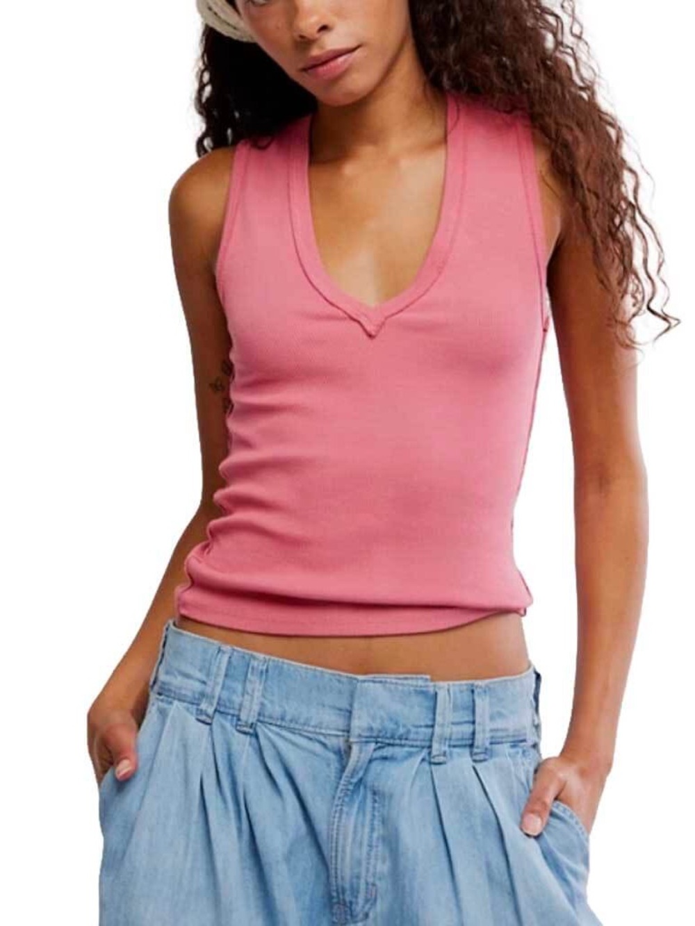 Free People Neria Tank Ribbed Deep V Neck Top Vintage Rose We the Free New